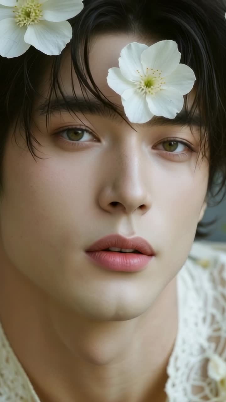Vertical video: On camera start Asian man gazing and moving with white flower on forehead in studio