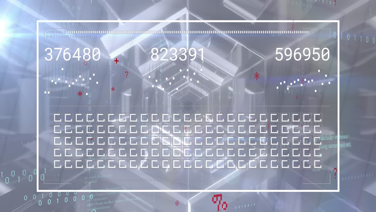 Animation of interface with data processing against hexagonal tunnel in seamless pattern