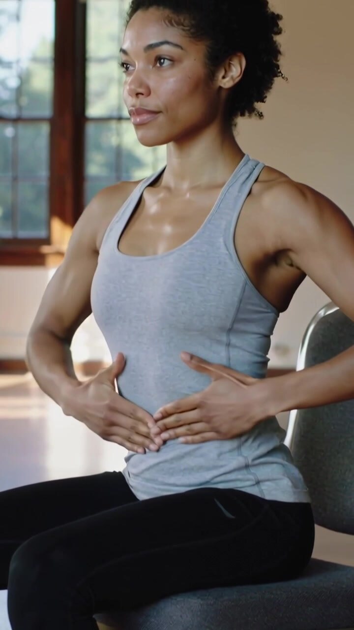 Vertical video: Starting core routine, woman in tank pressing belly seated on chair in studio