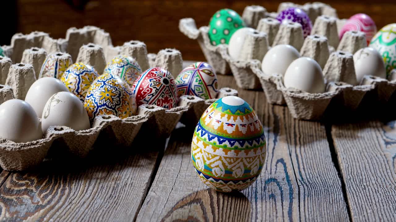 Video of intricately painted eggs in cartons on rustic wood