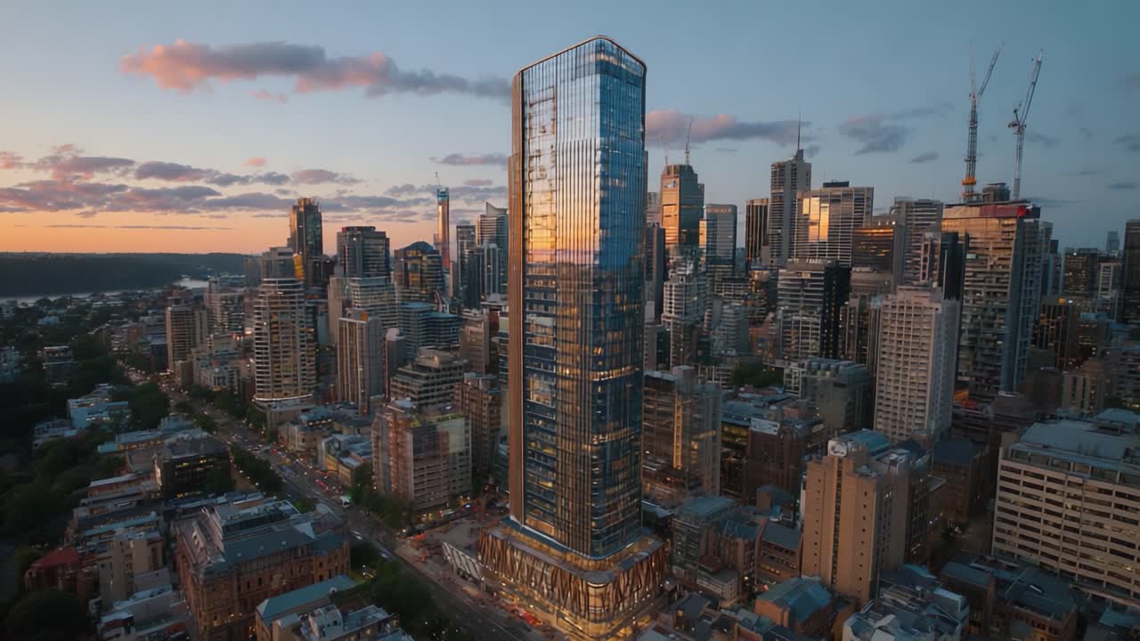 Una vista panoramica mozzafiato di un moderno grattacielo al tramonto, con il paesaggio urbano circostante illuminato dalla calda luce serale e le strade sottostanti trafficate
