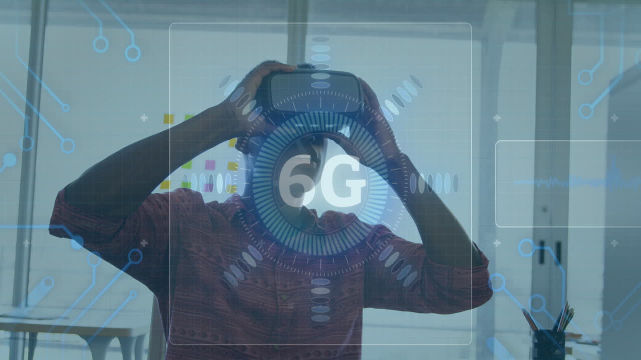 6g 텍스트, 스 스캔 및 회로 보드 요소의 애니메이션, vr 헤드을 착용하는 사람