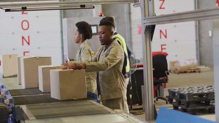Diverse male and female workers with boxes on conveyor belt in warehouse