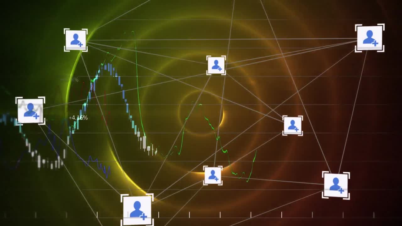 animación de una red de iconos digitales, procesamiento de datos financieros y senderos de luz en movimiento circular