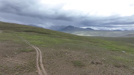 Lonely-Trail-in-Deosai,-Skardu,-Pakistan.-Aerial