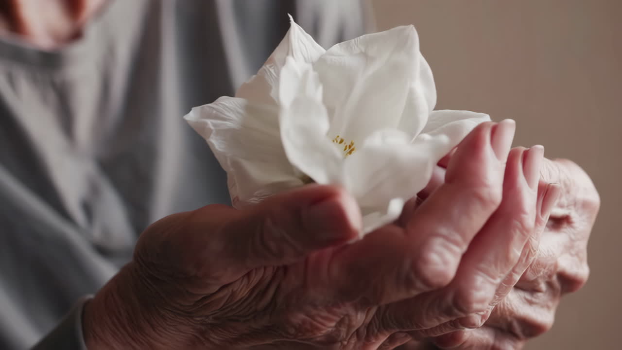 Elderly hands holding a delicate white paper flower