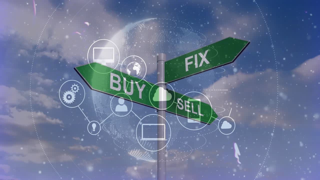 Green directional signs with Buy, Sell, Fix over digital animation network icons