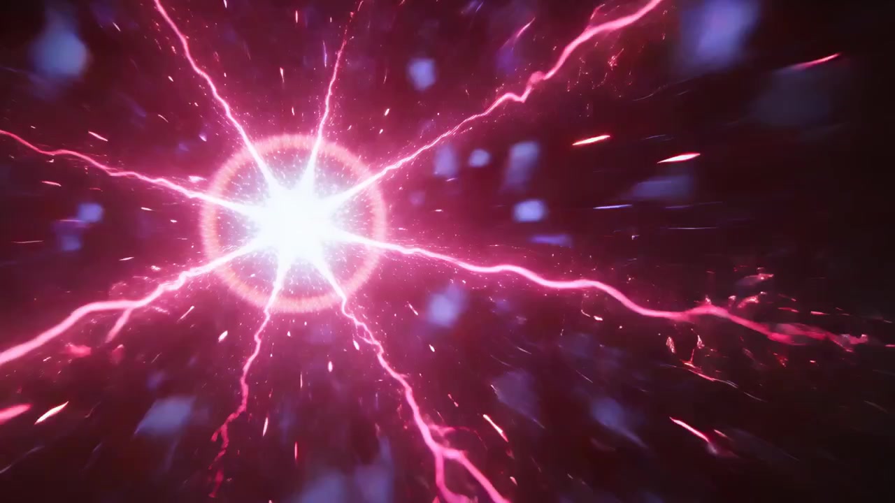 Pulsing central orb in void sending pink spokes and ribbon, racing flecks out, releasing energy