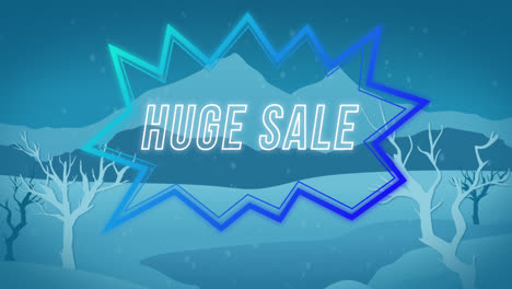 digital animation of huge sale neon text on retro speech bubble against snow falling