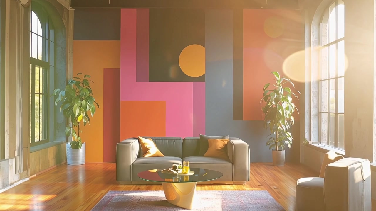 Time-lapse della luce solare che si muove in un soggiorno moderno con arte murale colorata