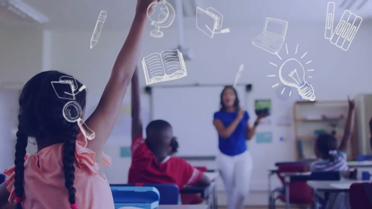 Animação de ícones escolares sobre alunos diversos e professora em sala de aula