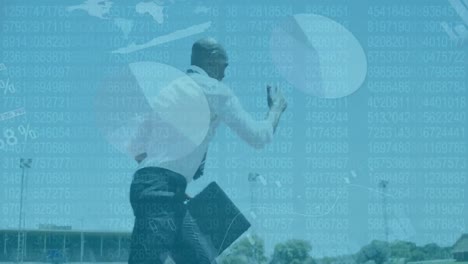 animation of graphs and statistics over african american man wearing a suit running on a race track