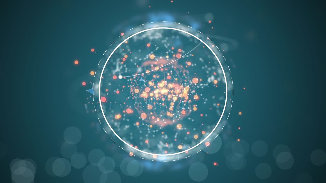 Molecular structure from small blokeh light atoms over dark blue background.