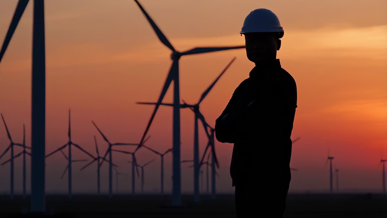 Silhouette of Engineer at Wind Farm Sunset
