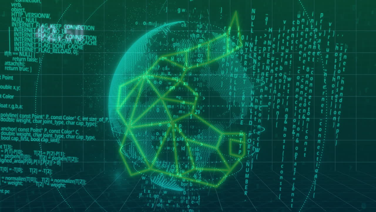 globo verde brillante con código binario, animación de red digital en el fondo