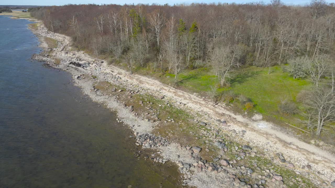 Aerial fly above long Puhtu coastline. Drone scenery along pebble beach with seaside greenery and forest line next to sea with calm coastal waves on spring. Fly over border of land adjacent to the sea