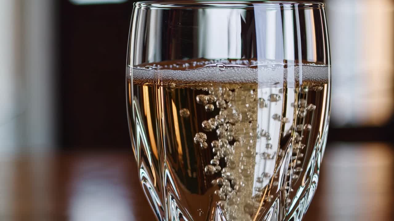 Close-up video of sparkling bubbles rising in a crystal glass, shot from a low angle