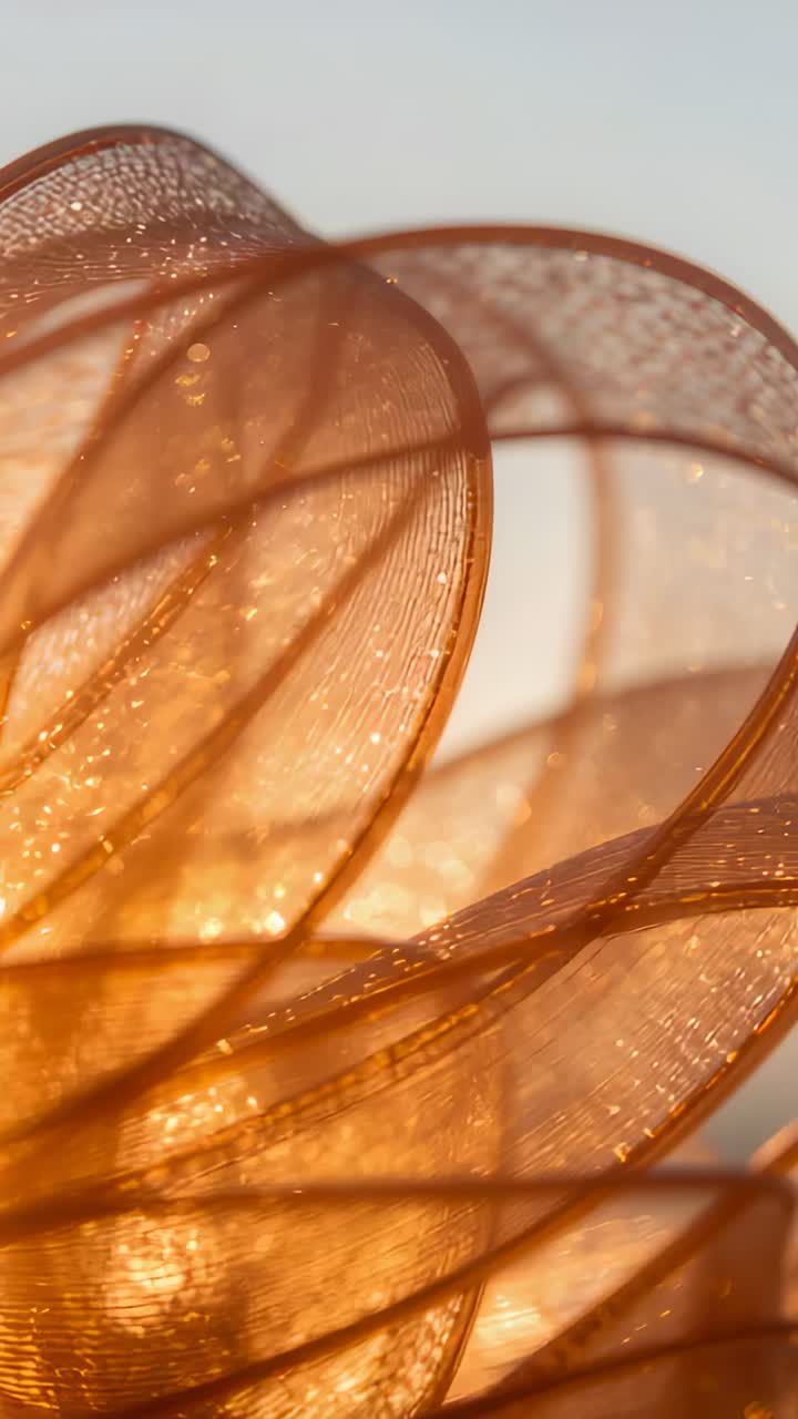 Vertical video: Pulling camera revealing gold mesh ribbon shifting macro, glittering in warm light