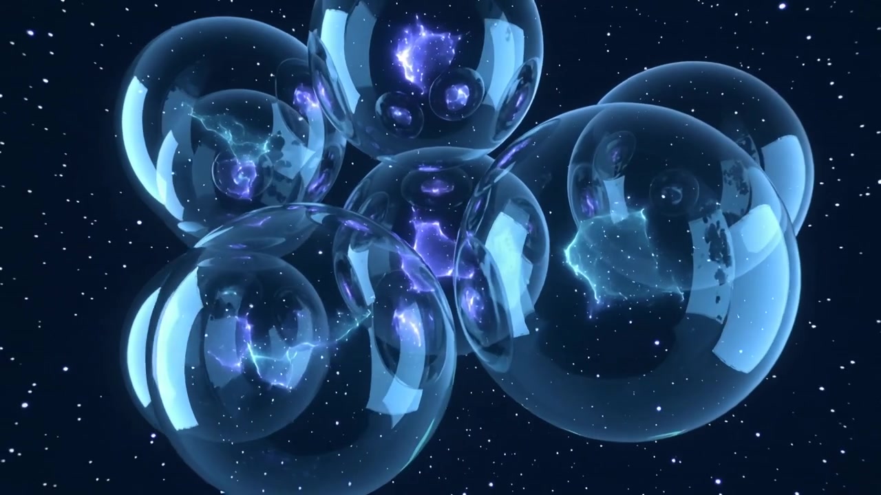 Un gruppo di sfere di vetro alla deriva ruota, scivolando in un campo stellare mentre la telecamera si avvicina, con nuclei viola.