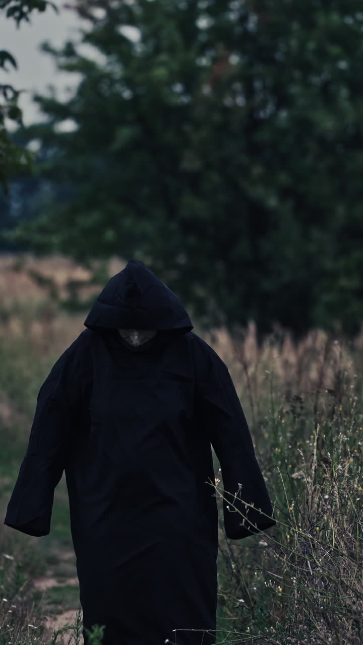 Dark figure in black robe with hood among nature. Scary nightmare walking on the natural background in summer. Mysterious ghost outdoors. Vertical video