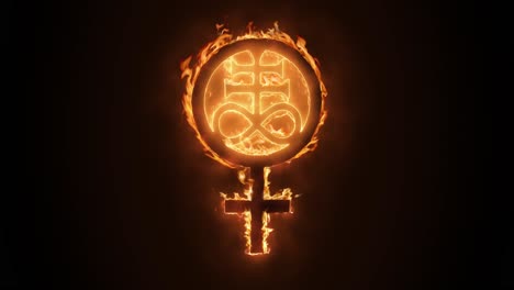 exciting and highly emotive reveal animation of the leviathan cross sigil symbol, in roaring flames, burning embers and sparks, on a smokey, glowing black background