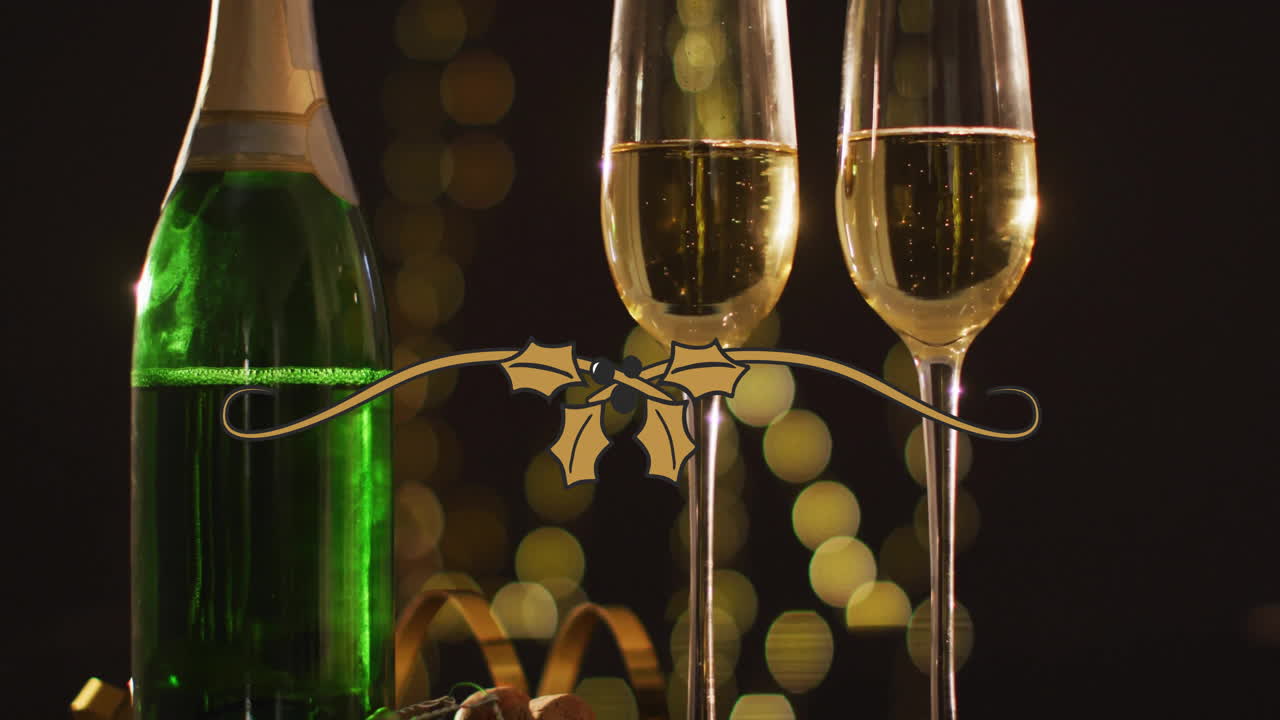 Animazione di decorazioni natalizie su calici di champagne e una bottiglia su sfondo nero.