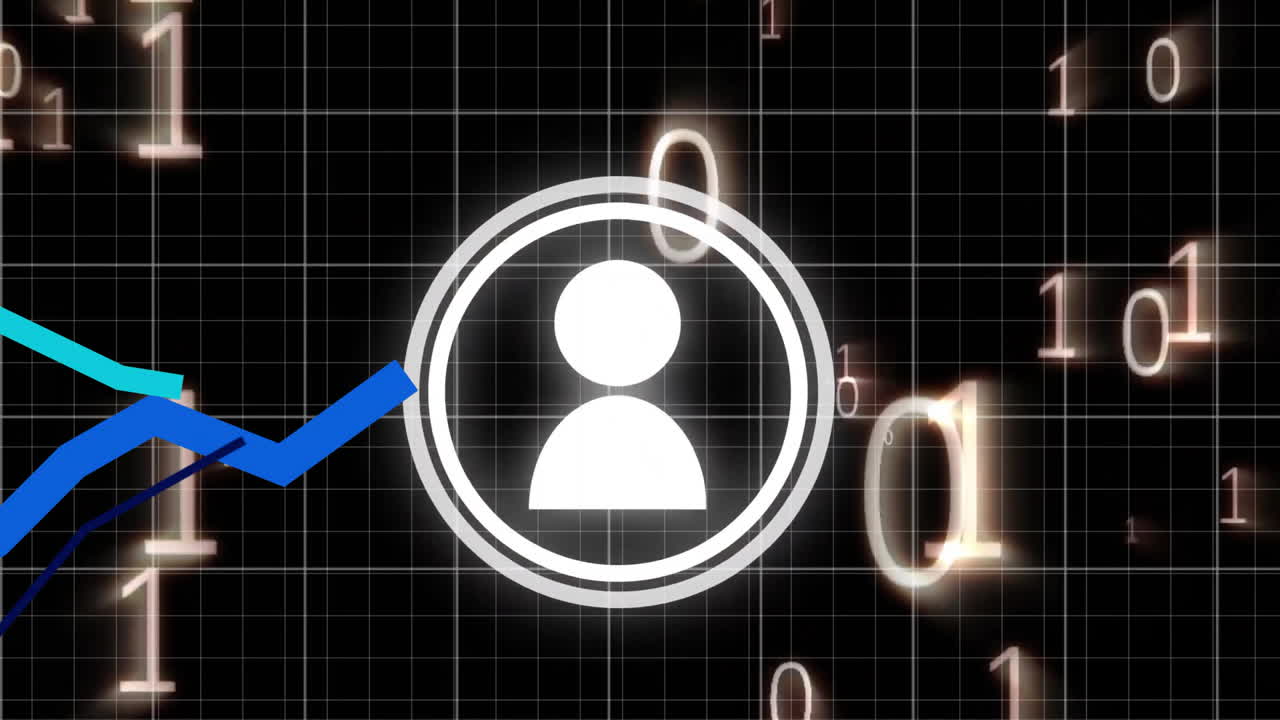 사람 아이콘의 애니메이션, 암흑 배경에서 바이너리 코딩 데이터 처리