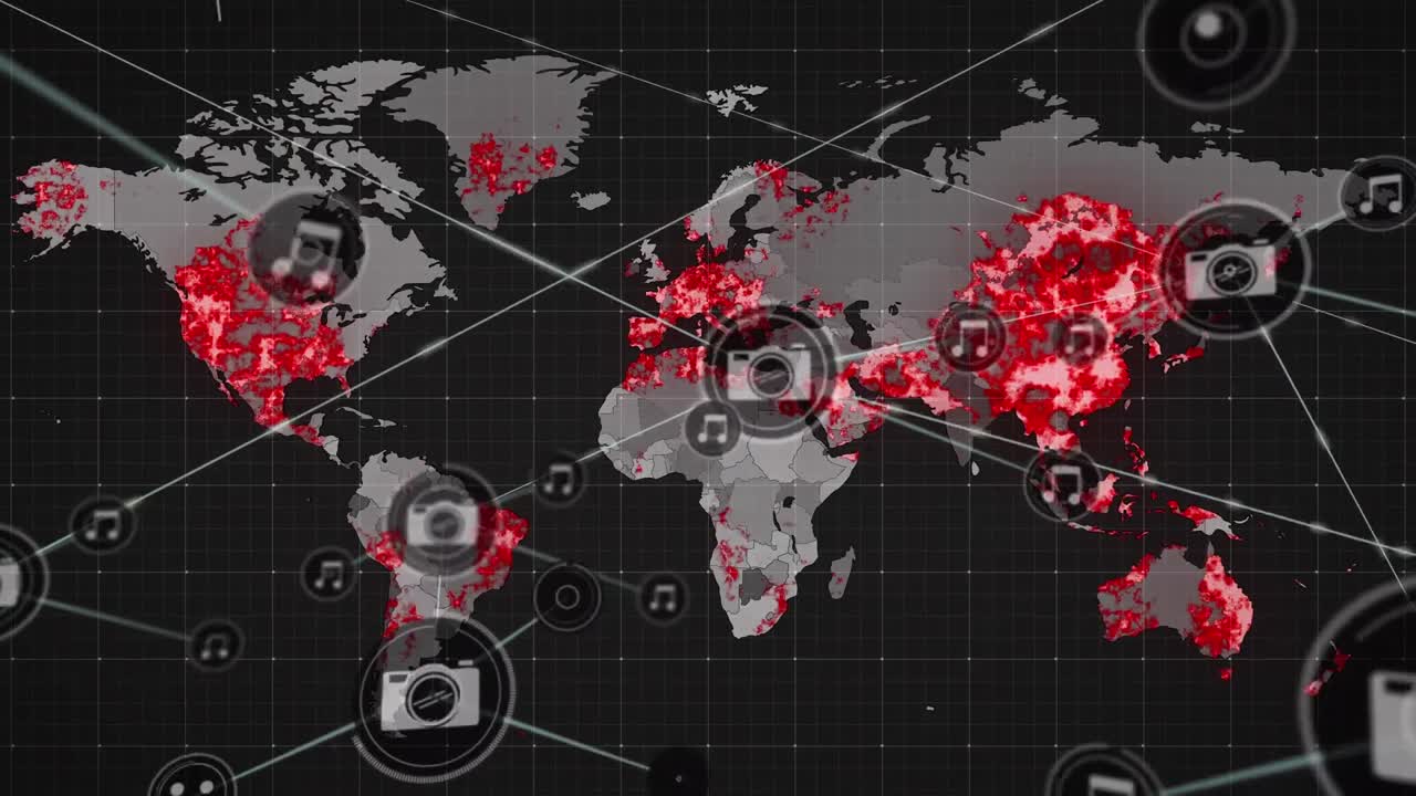 animación de la red de conexiones sobre el mapa del mundo en fondo negro