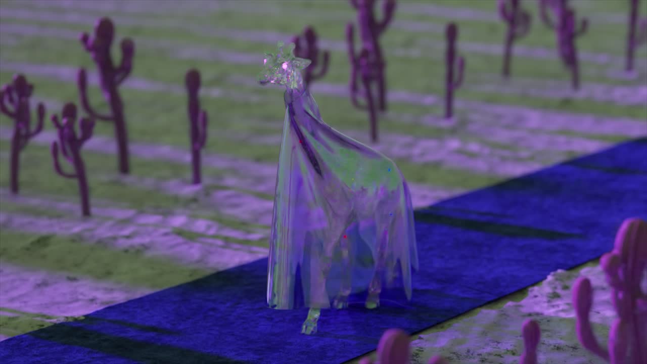 жираф в прозрачном плаще среди кактусов