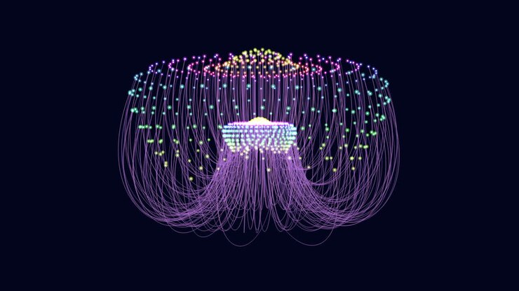 Glowing 3d jellyfish with moving tentacles in dark background