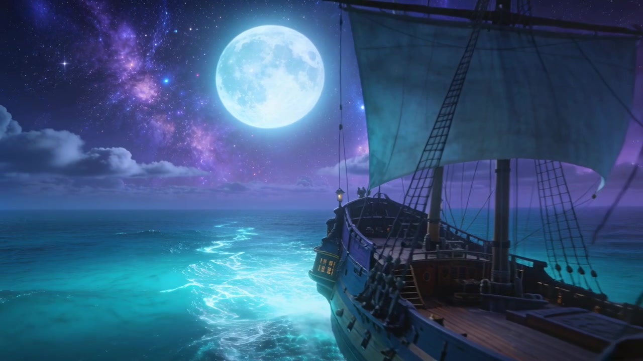 Nave a tre alberi che naviga con le vele gonfiate dalla brezza attraverso un mare luminoso, l'equipaggio osserva l'orizzonte illuminato dalla luna.