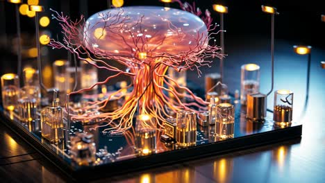 a glowing tree of lights in a futuristic cityscape at night