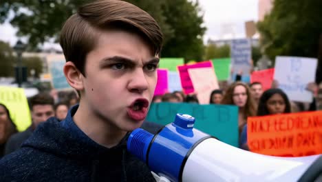 un adolescente hablando en una protesta