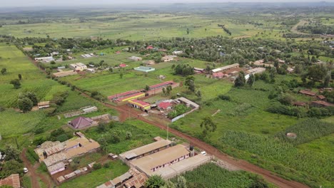Countryside-landscape-of-village-farmlands-in-Southern-Kenya,-aerial-view