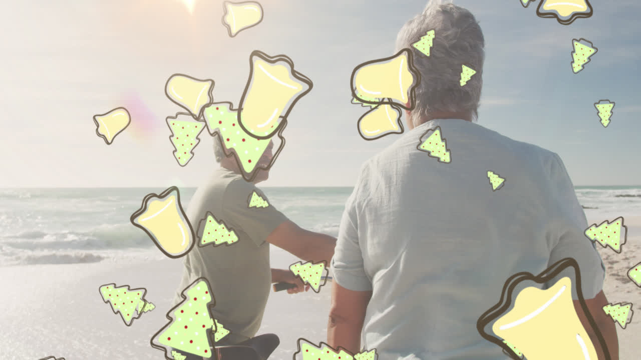 크리스마스 트리 및 종 아이콘의 애니메이션이 해변에서 고령 미인 부부 위에 있습니다.