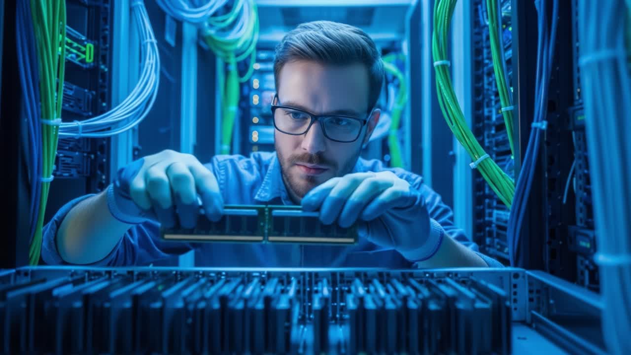 Focused Technician Installing Memory Modules in Data Center Rack, Surrounded by Cables and Servers, Showcasing Advanced Technology and Precision Engineering in Action
