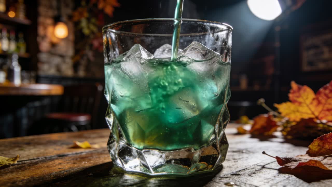 Flusso versato fuori campo che tocca il ghiaccio e riempie un bicchiere intagliato con un cocktail verde-blu su un bancone di legno.