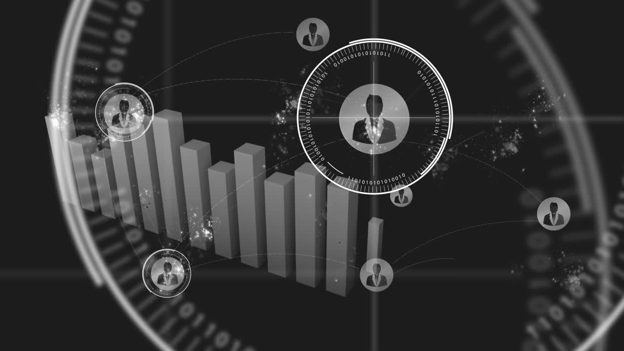 animación de la red de conexiones con íconos y procesamiento de datos estadísticos sobre fondo negro