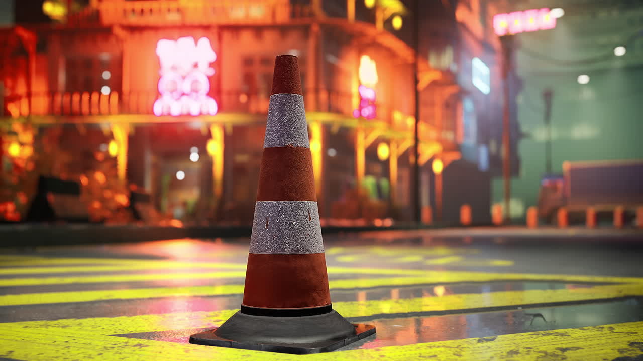 Traffic cone positioned on urban street with vibrant nightlife in background