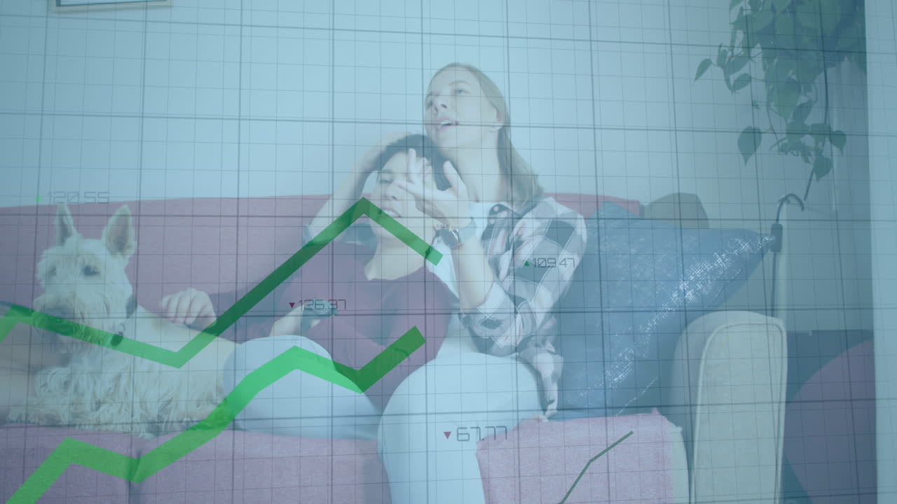 카우카시안 커플에 대한 녹색 선과 통계로 금융 데이터 처리의 애니메이션