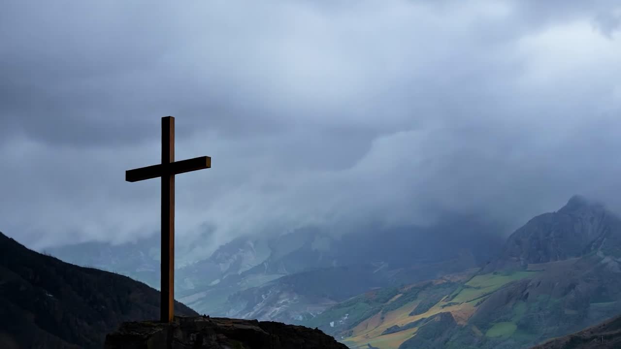 어두운 구름이 십자가가 있는 산꼭대기를 둘러싸고 모여서 극적인 번개 타격으로 끝납니다.