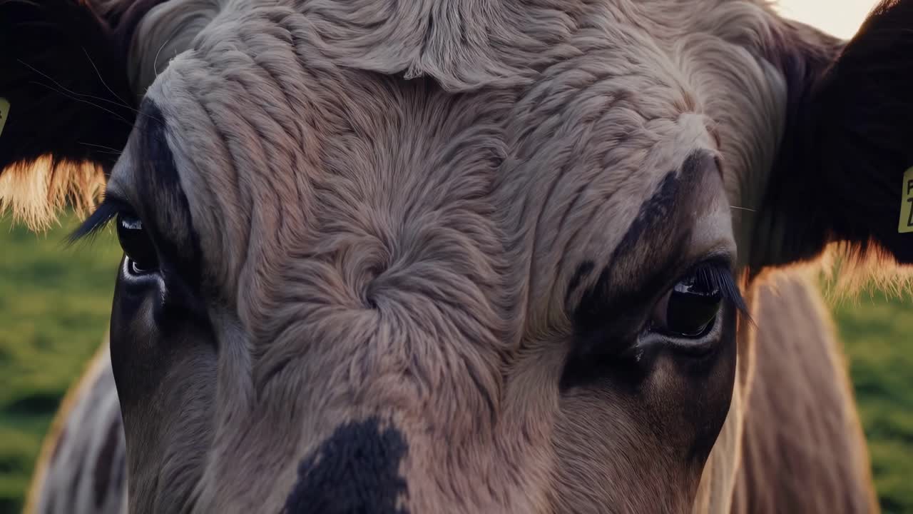 Close-up, low-angle shot of a cow's face, capturing detailed textures and expressive eyes