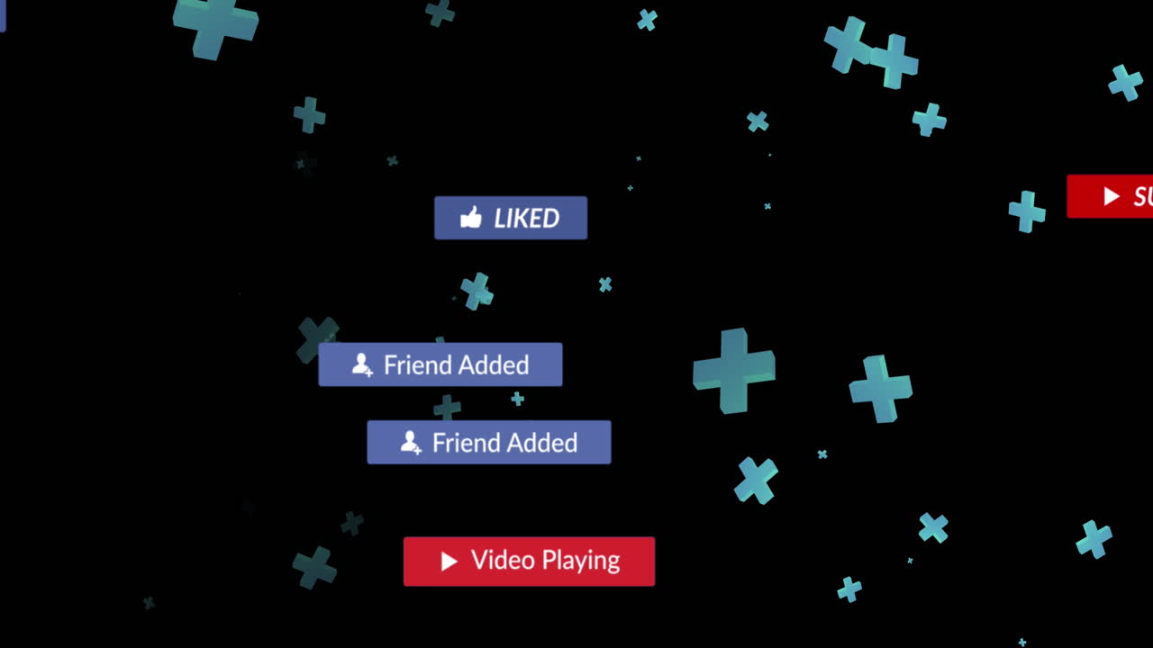 소셜 미디어 아이콘과 검은색 배경의 텍스트의 애니메이션