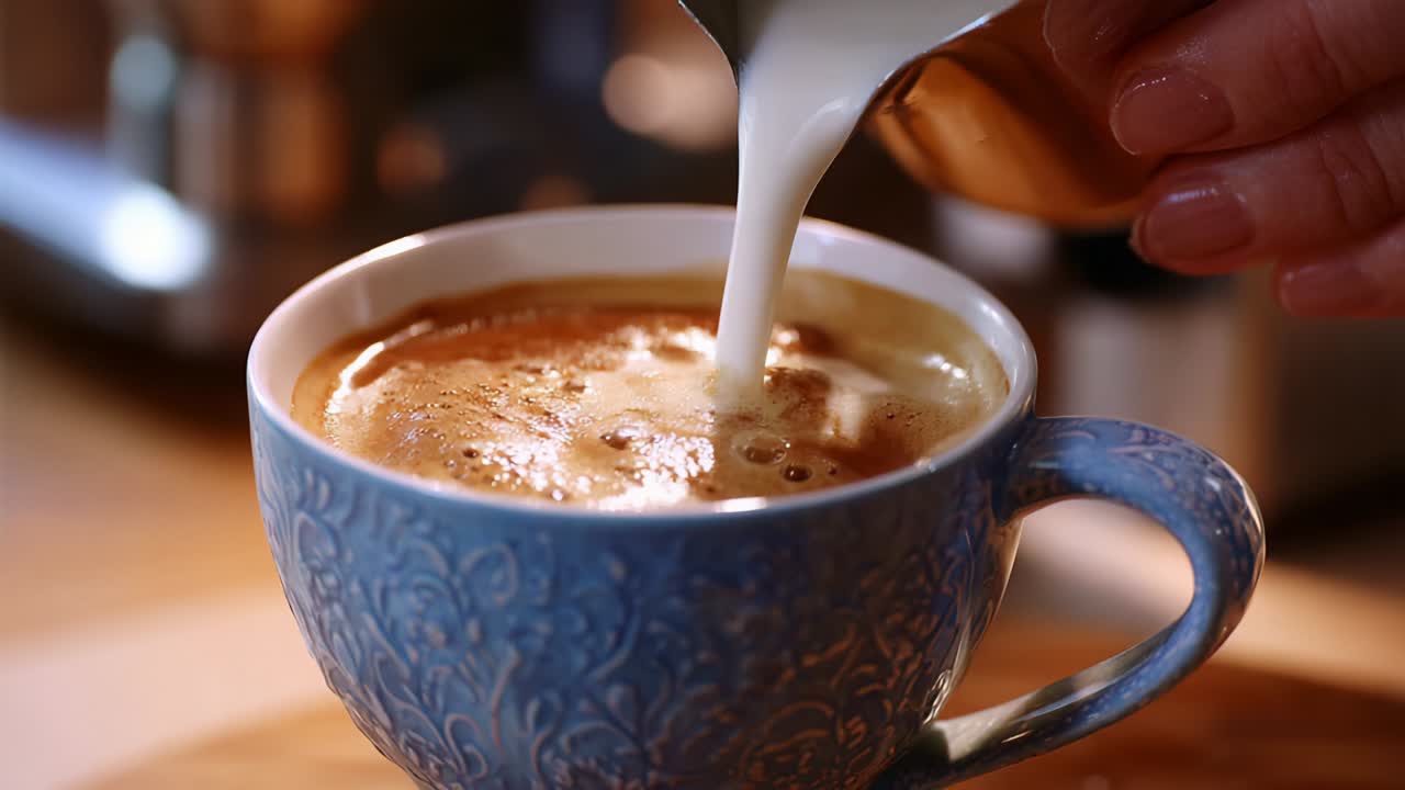 Pouring milk into a cup of coffee