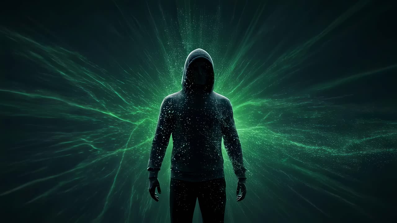 A shadowy figure enveloped in a swirl of glowing particles emerges from the depths of a dark environment, illuminated by vibrant green hues