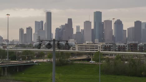 establishing drone shot of downtown houston, texas area