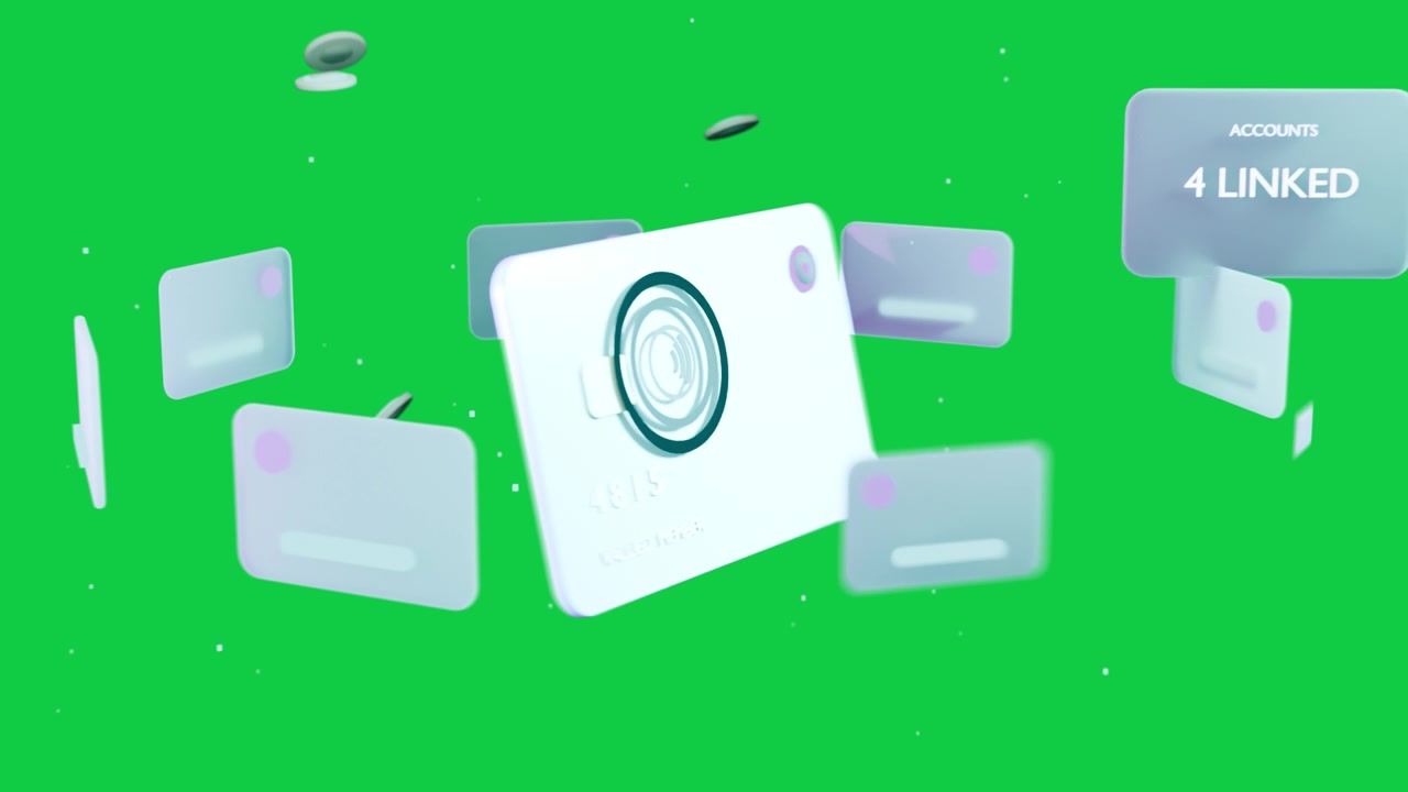 Appearing UI card starting orbiting cards, coins on transparent canvas, showing 4 linked accounts