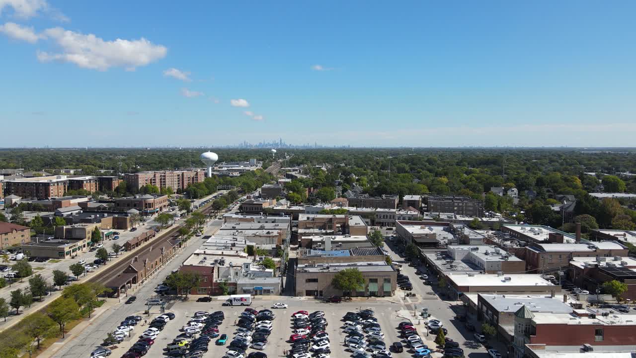 Aerial View of a Suburban Town with Chicago Skyline in the Background