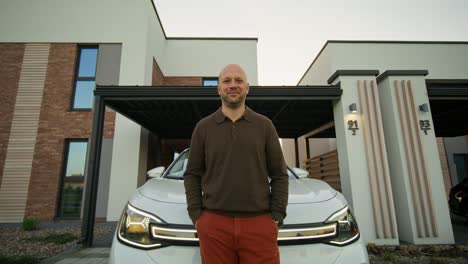 man in front of modern house and white car