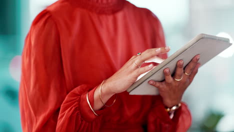 scrolling, email and hands of a woman